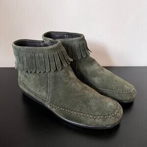 Aerosoles Linbo Genuine Suede Olive Green Fringe Moccasin Ankle Boots 5.5M